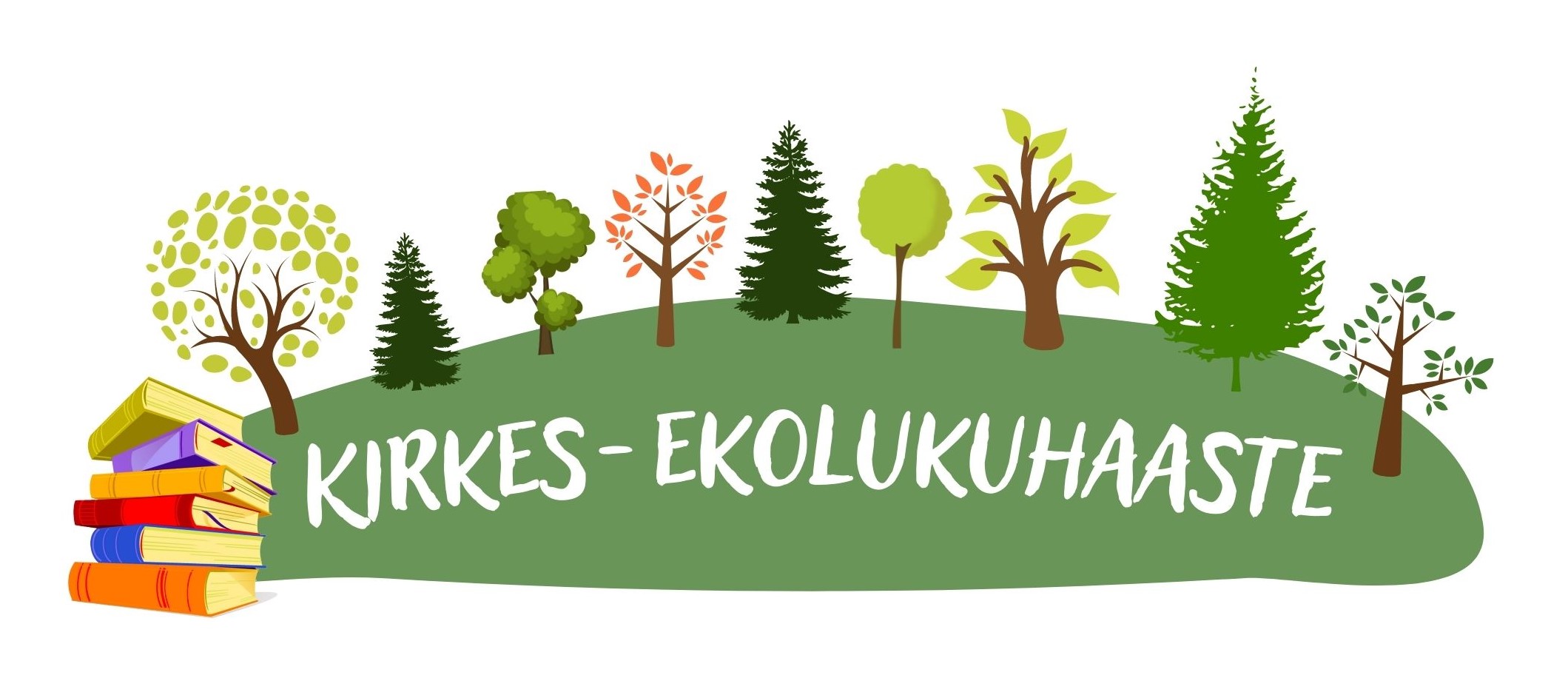 Kirkes-ekolukuhaasteen logo. Vihreäsävyisessä logossa on piirrettyjä puita ja pino kirjoja.